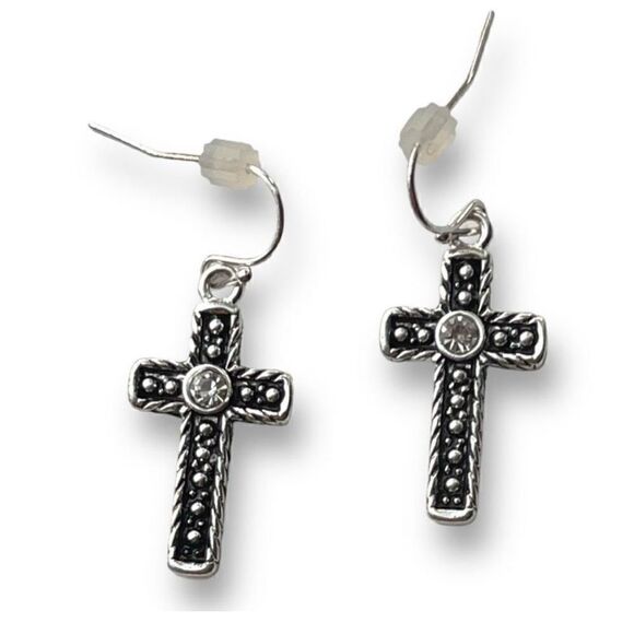 Kim Rogers Cross Silver Tone Antique Textured Dangle Earrings - Picture 1 of 7